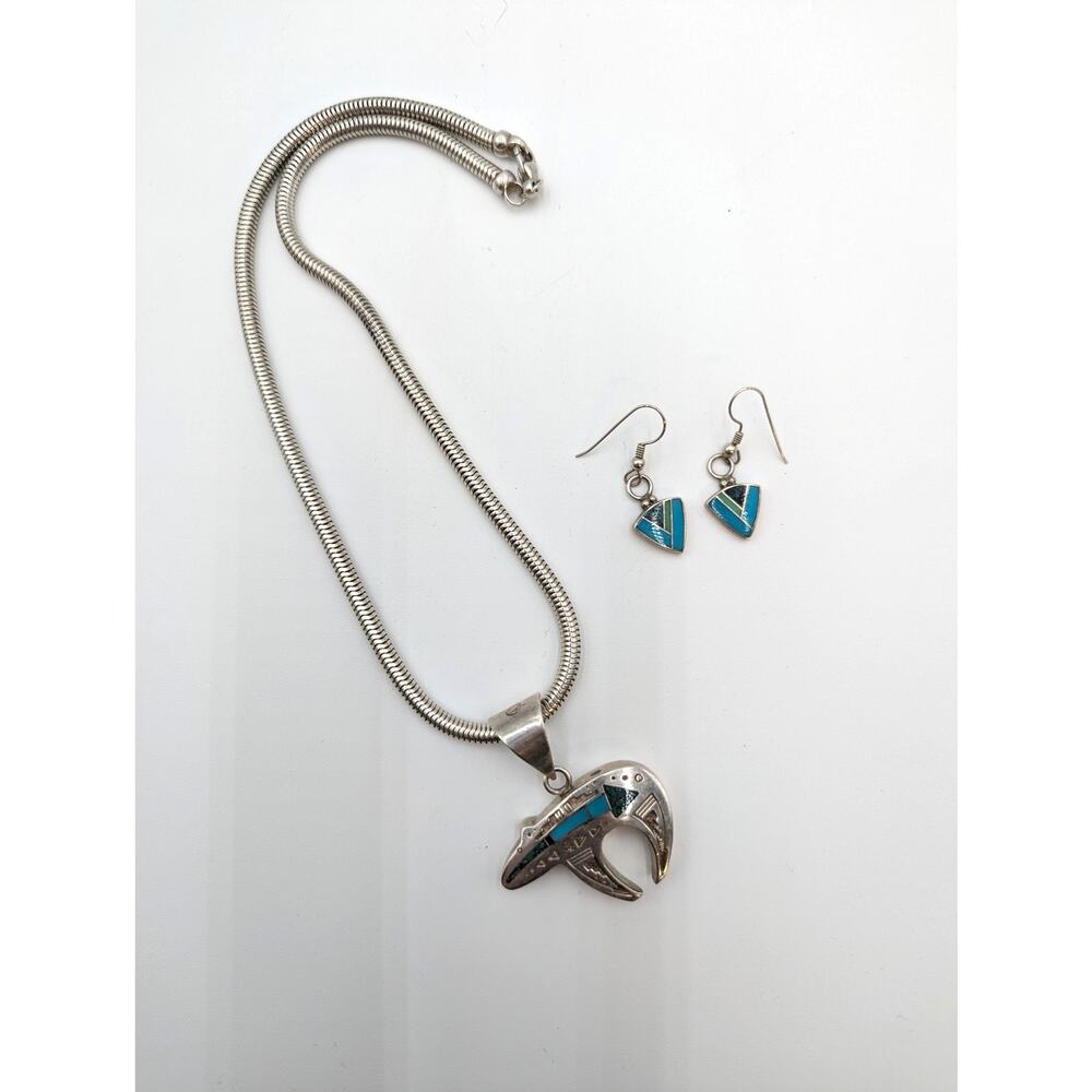 Ray Tracey Knifewing Navajo Spirit Bear Inlay Sterling Necklace and Earring Set